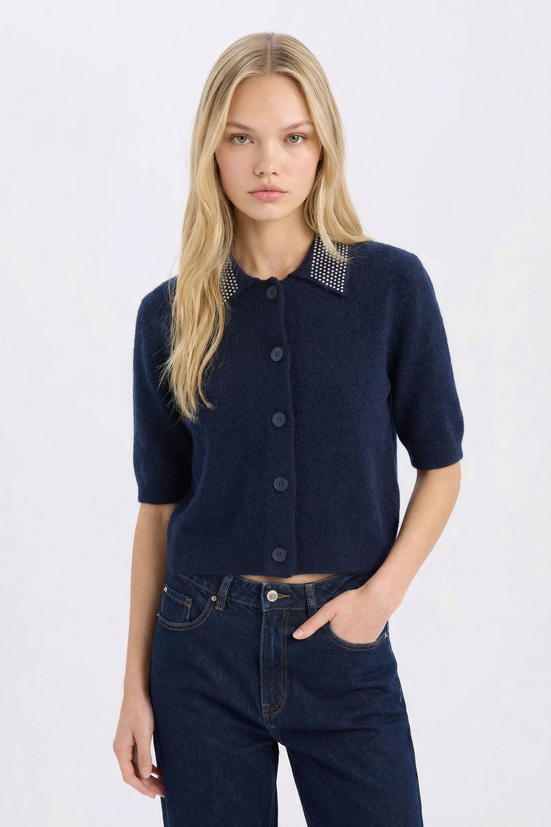 DeFacto Blue Woman Regular Fit Polo Neck Basic Buttoned Knitted Cardigan Casual - Image 3